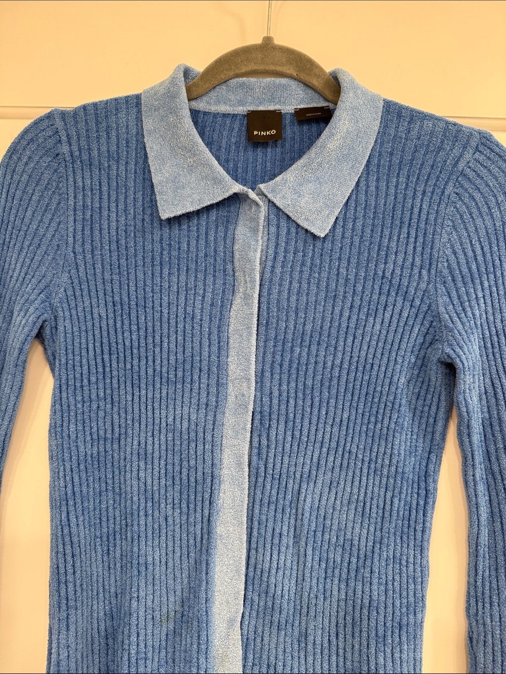 Pinko Blue Ribbed Collared V-Neck Button Cardigan - Picture 7 of 10